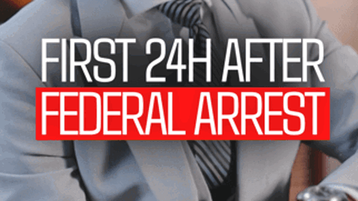 A man in a suit speaks, with text overlay "FIRST 24H AFTER FEDERAL ARREST" and a "Bynum & Jenkins" logo with scales of justice.